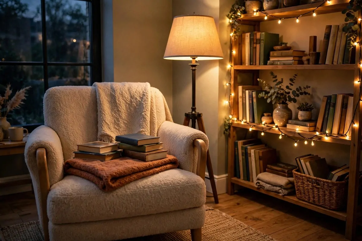 19 Library at Home Room Ideas for Every Budget 15 Reading chair with a floor lamp and warm string lights along a bookshelf in the evening