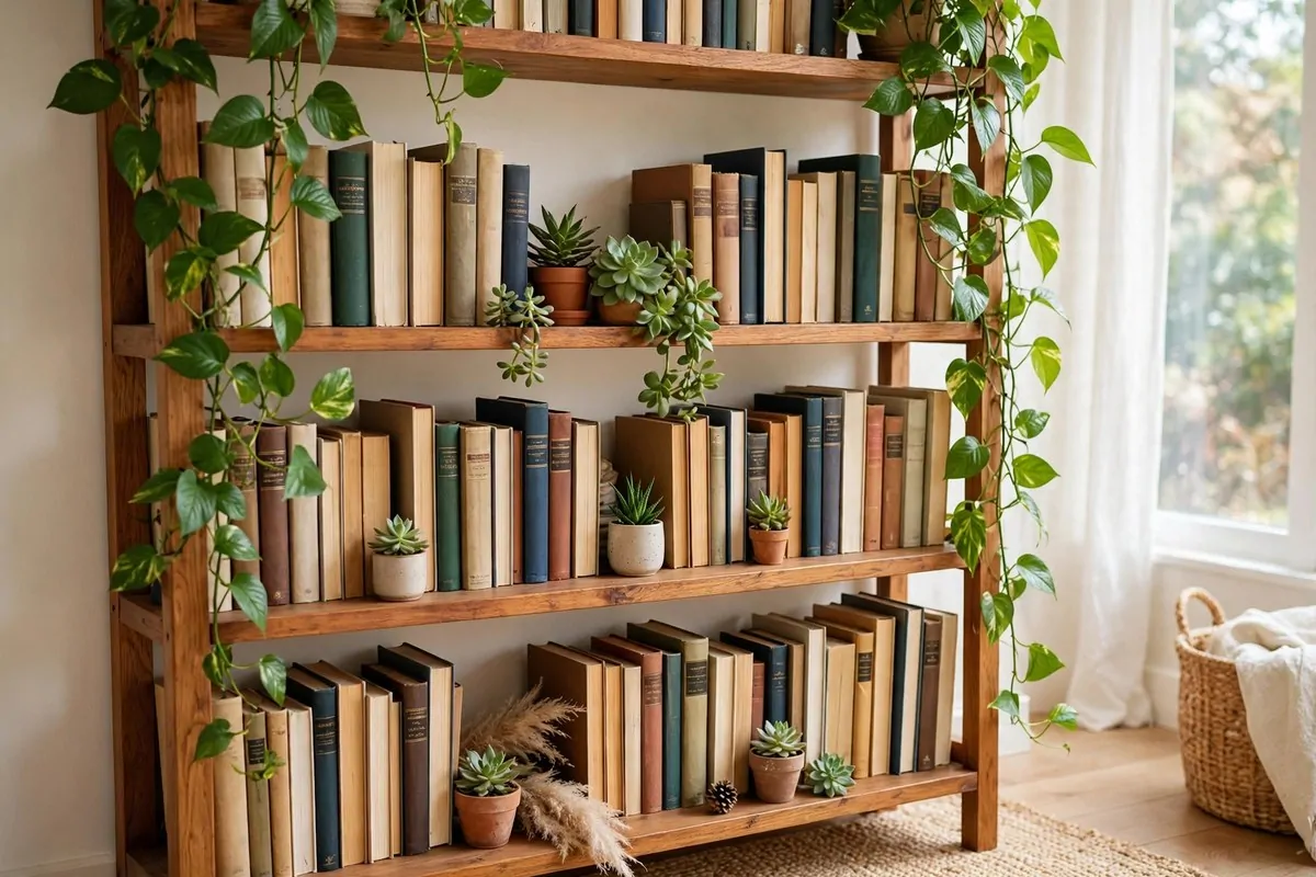 19 Library at Home Room Ideas for Every Budget 16 Bookshelf with trailing pothos plants and small succulents between the books