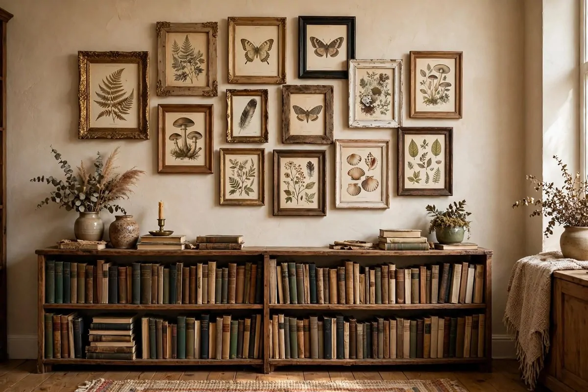 19 Library at Home Room Ideas for Every Budget 17 Gallery wall of framed vintage book illustrations and quotes above a bookshelf
