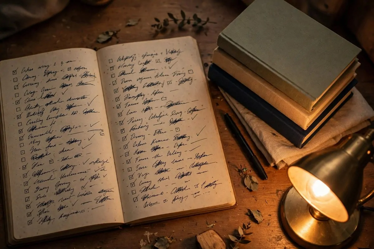 19 Library at Home Room Ideas for Every Budget 19 Notebook with a handwritten book wishlist and a small stack of books on a desk