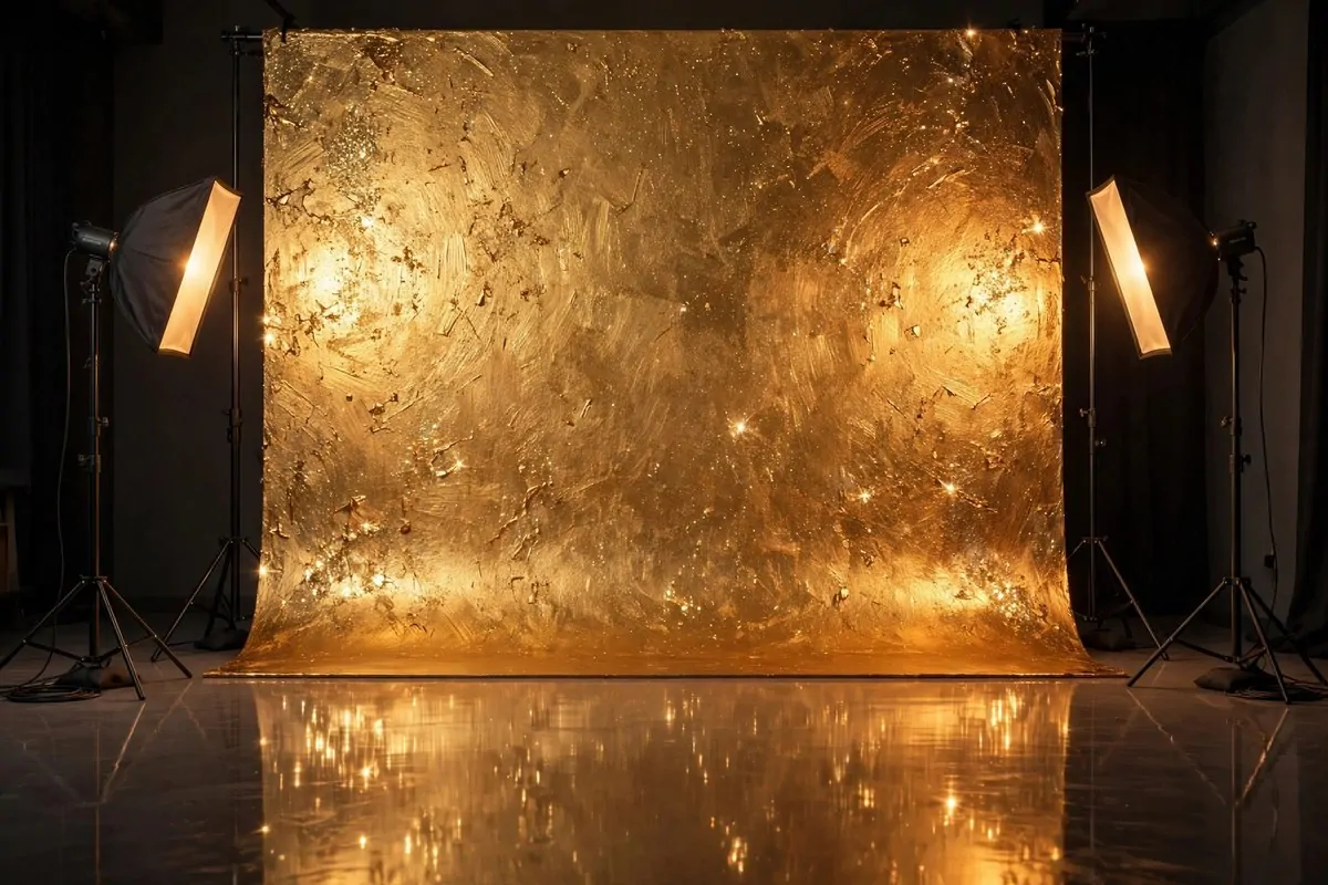 Gold metallic shimmer backdrop for glowing Maternity Photo Studio Ideas