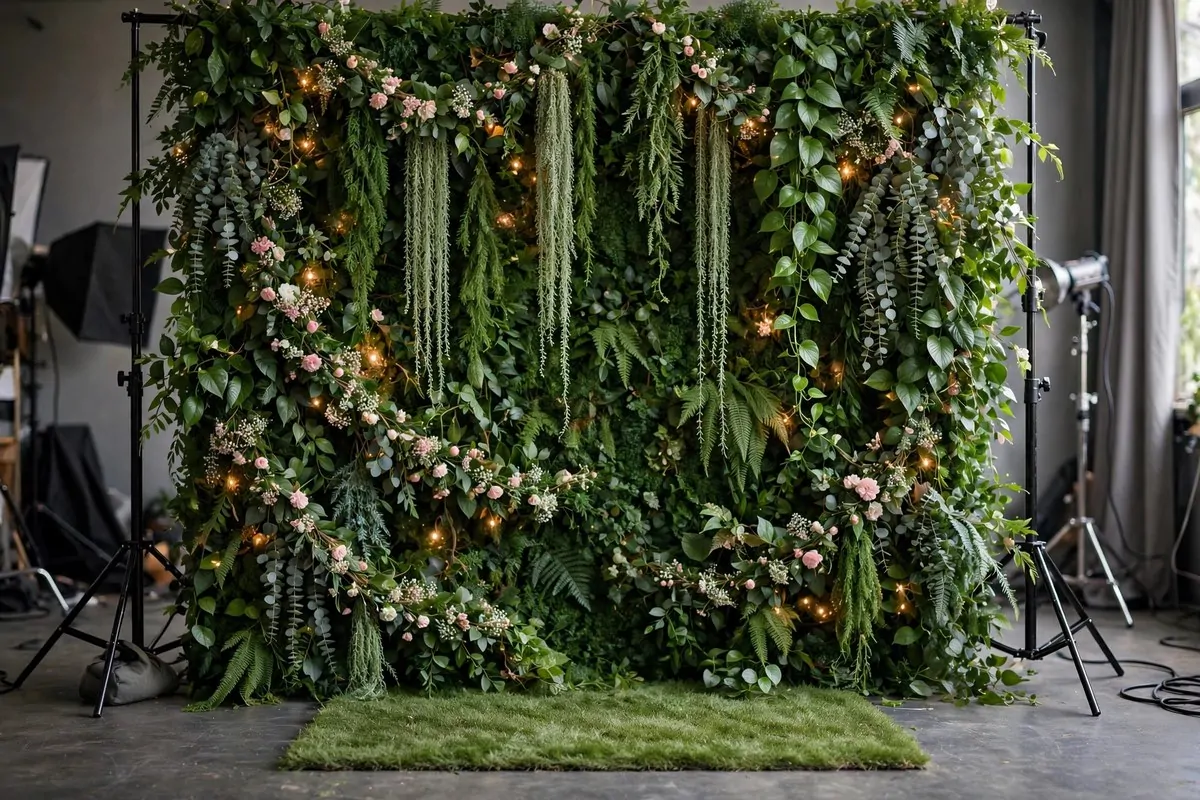 Indoor greenery wall with hanging vines for Maternity Photo Studio Ideas