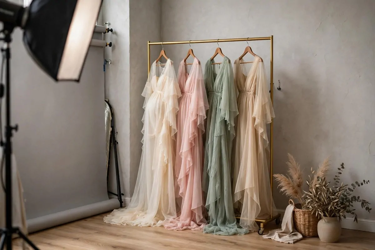 Rack of flowing maternity gowns in studio for Maternity Photo Studio Ideas