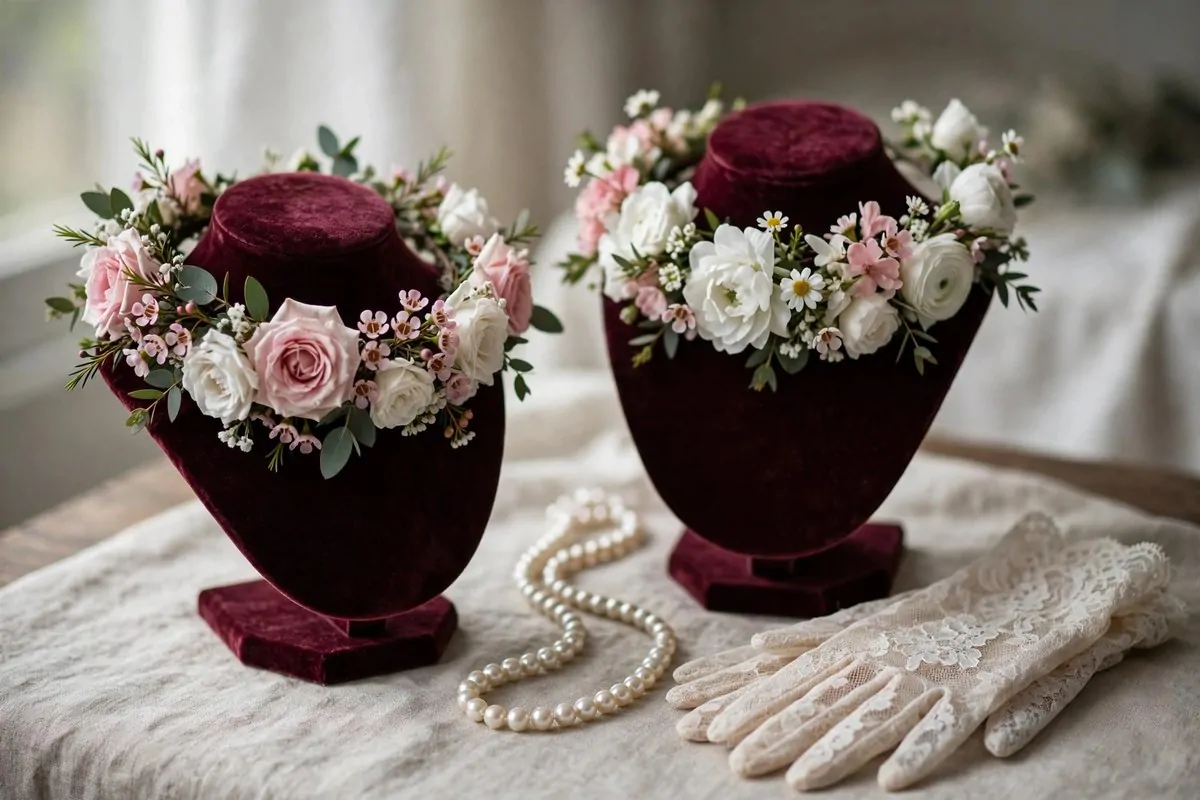 Floral crowns on display stand as props for Maternity Photo Studio Ideas