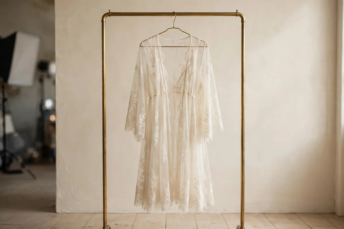 Sheer lace robe on brass rack for Maternity Photo Studio Ideas