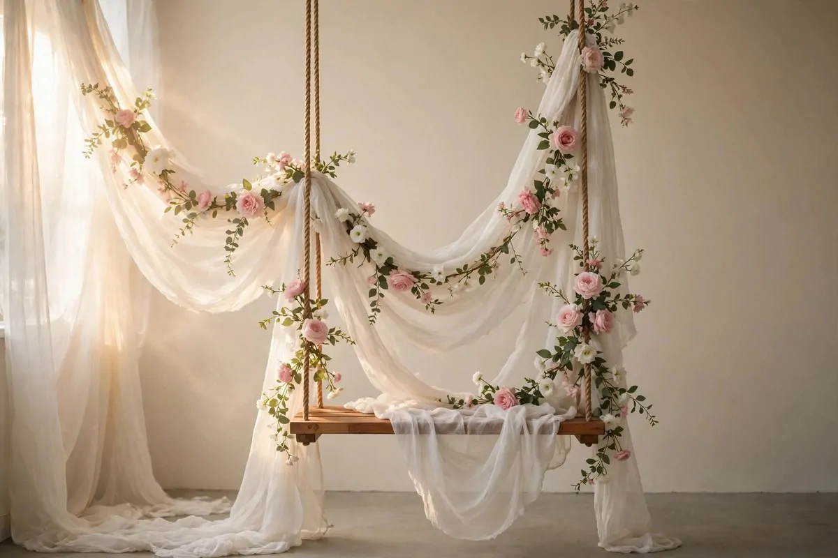 Hanging swing draped in fabric and flowers for Maternity Photo Studio Ideas