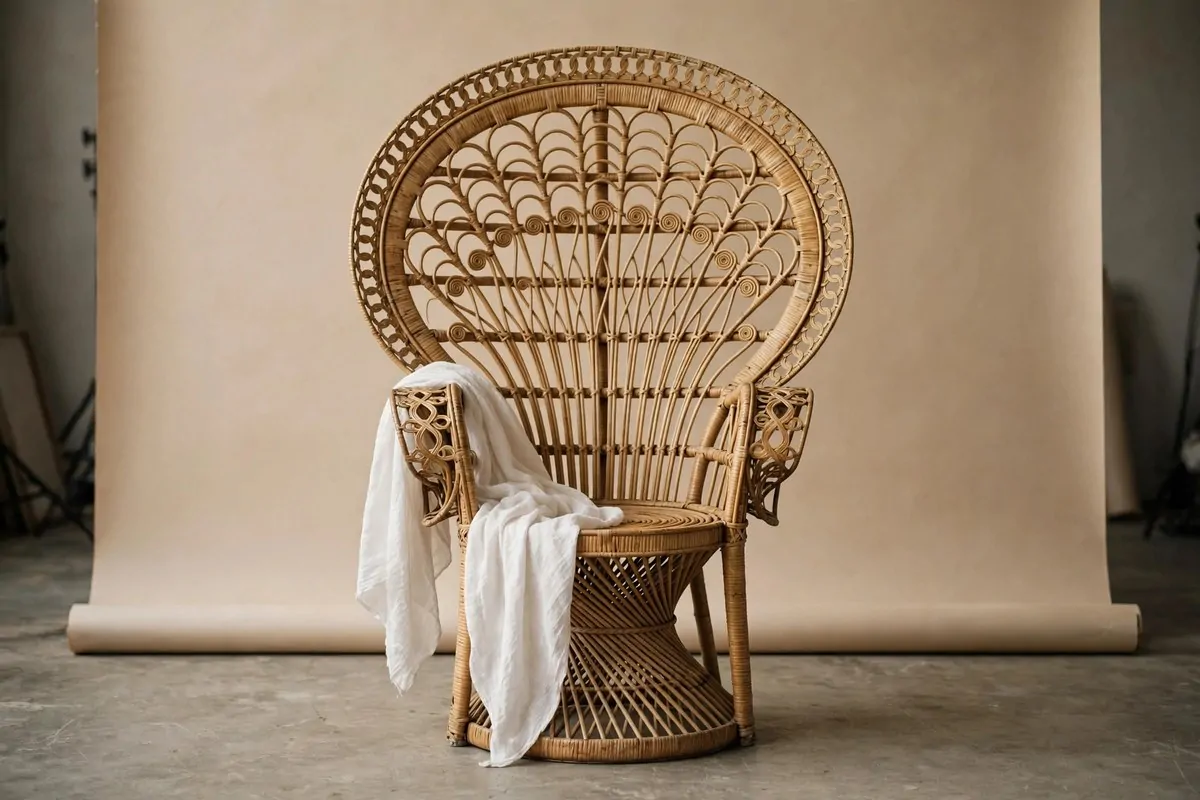 Vintage rattan peacock chair on beige backdrop for Maternity Photo Studio Ideas