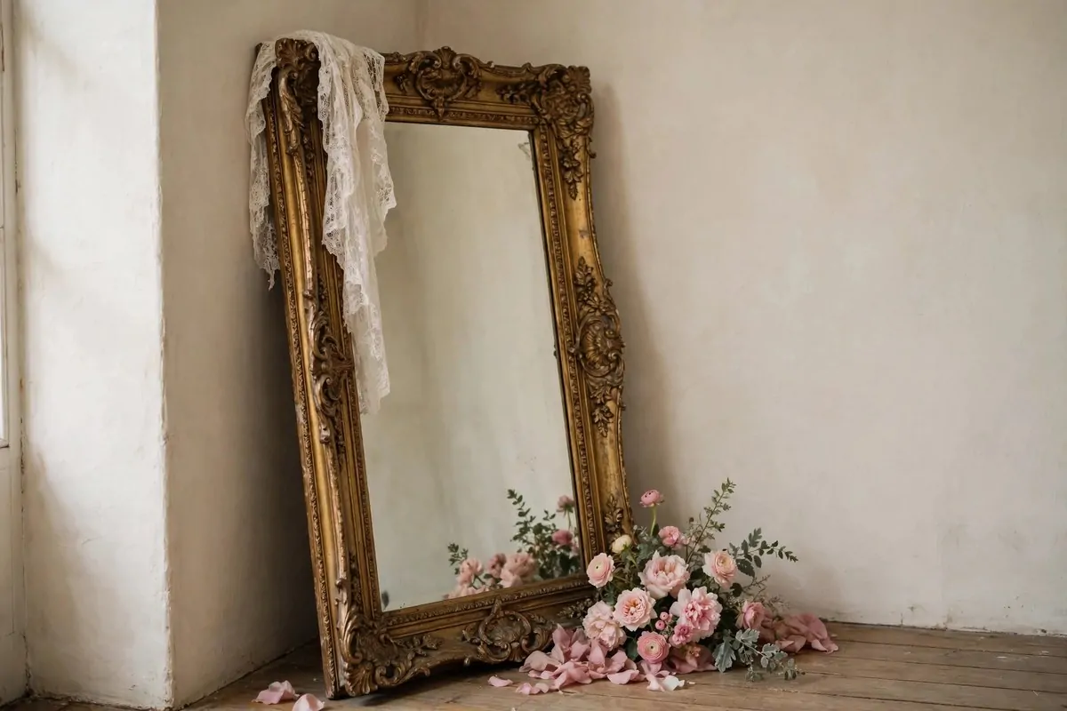 Ornate antique gold mirror styled corner for Maternity Photo Studio Ideas