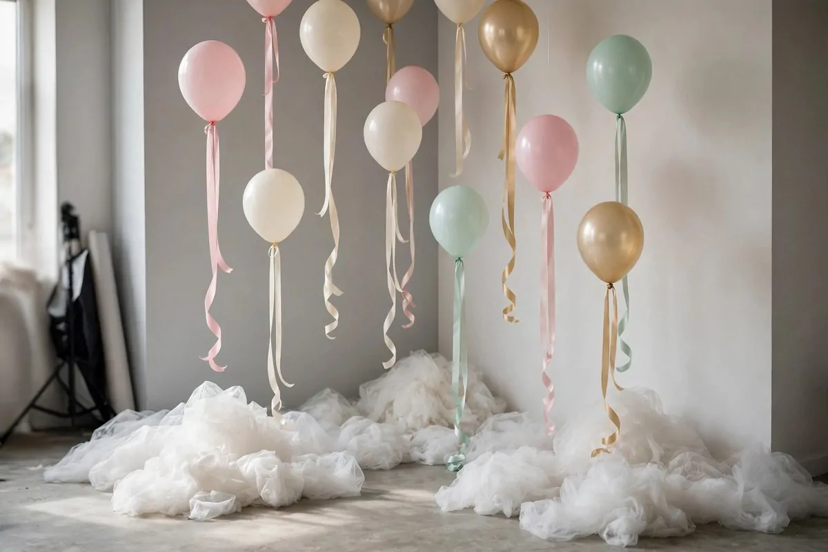 Pastel balloons and tulle cloud corner for whimsical Maternity Photo Studio Ideas