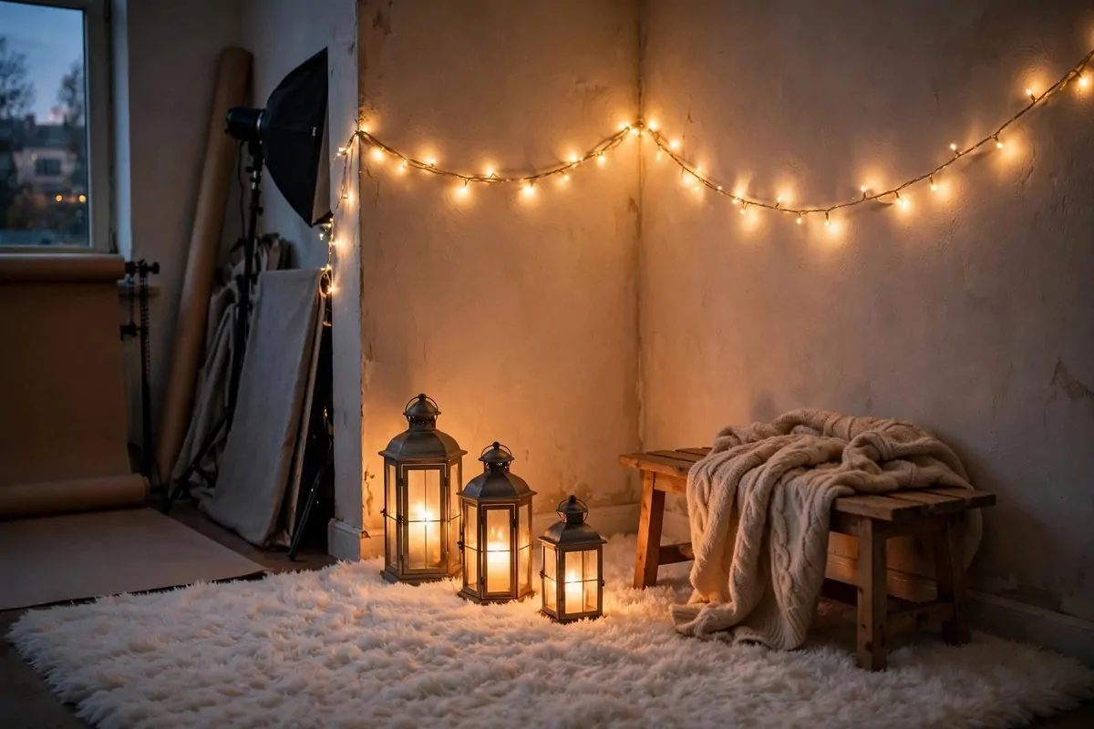 Cozy fairy light corner with lanterns for Maternity Photo Studio Ideas