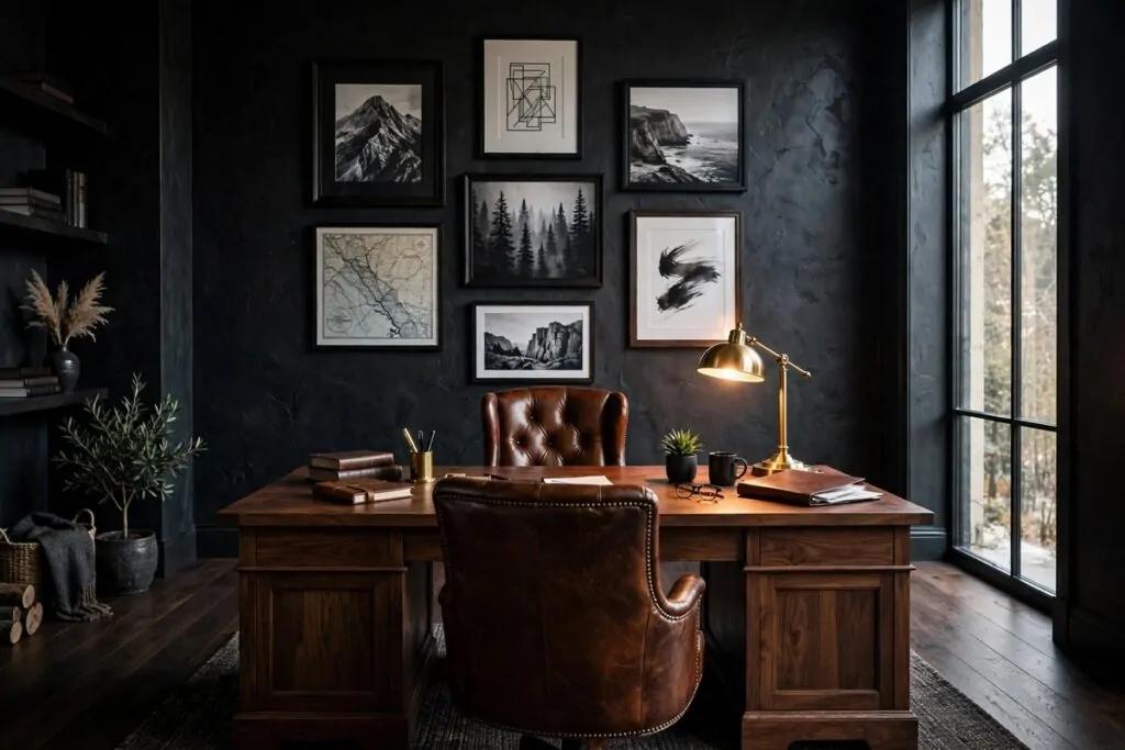 Bold mens home office with dark walls, leather chair and walnut desk