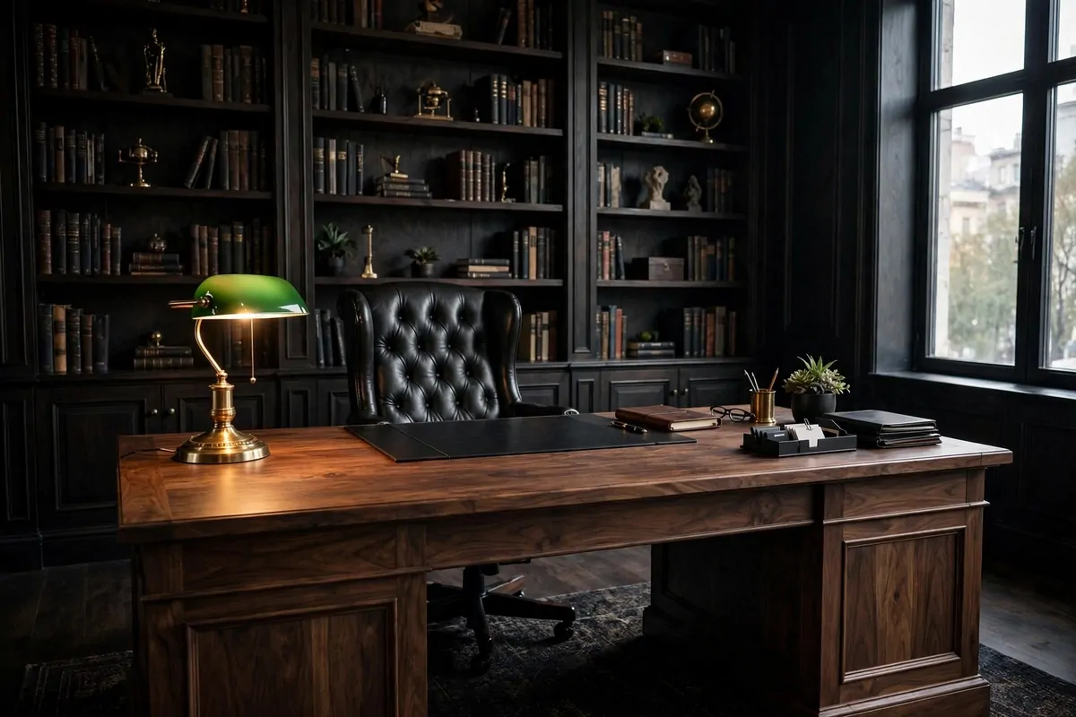 Walnut executive desk in dark mens home office