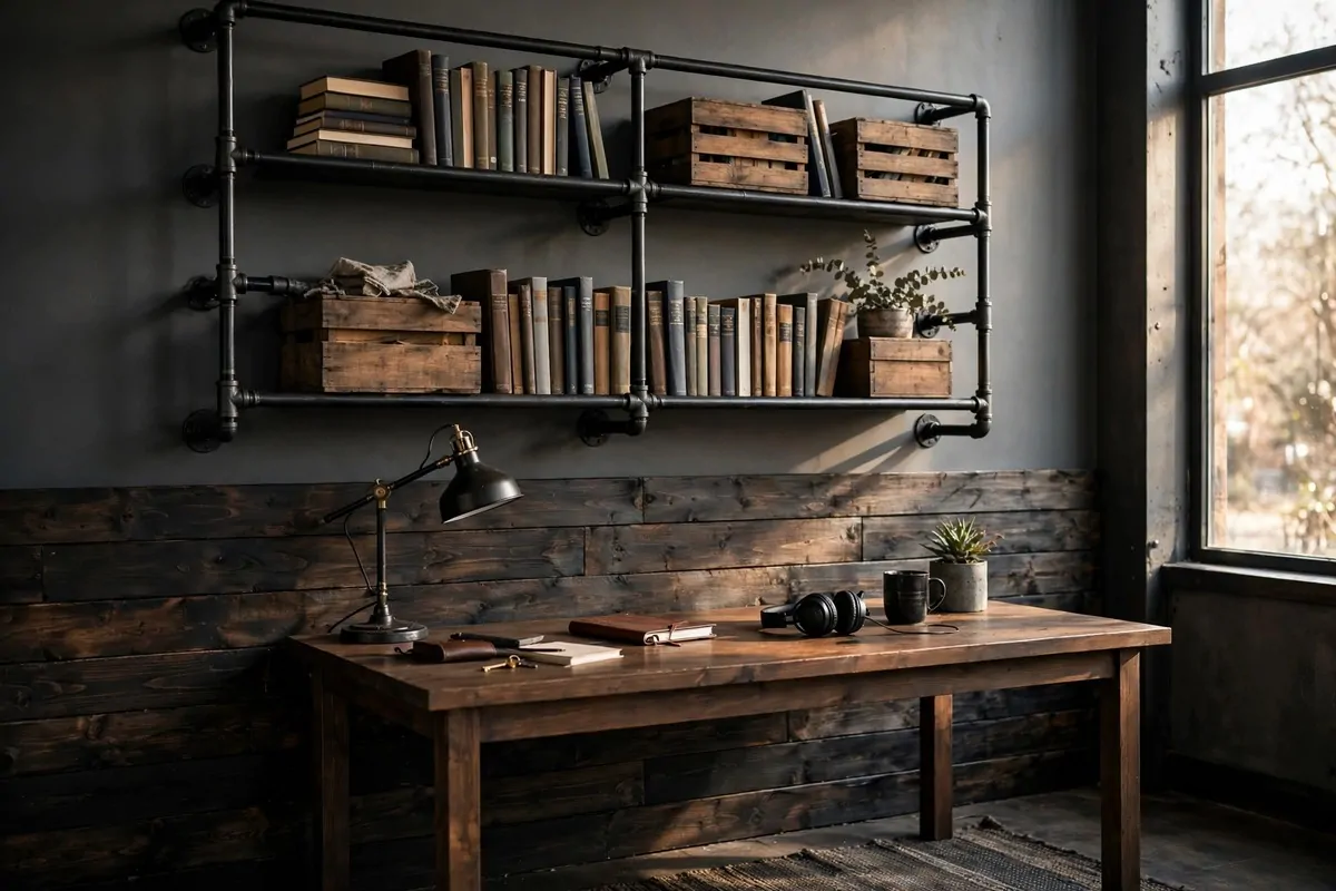 Industrial pipe shelving on wall of mens home office