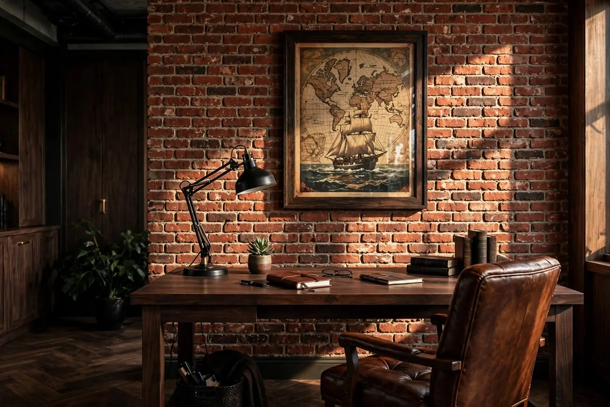 Mens home office with exposed brick accent wall