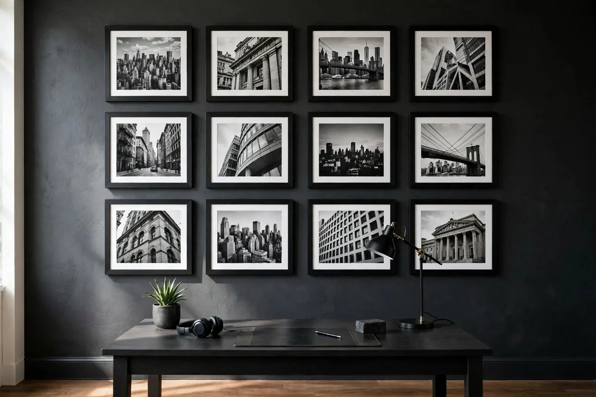 Black framed black and white art above desk in mens office