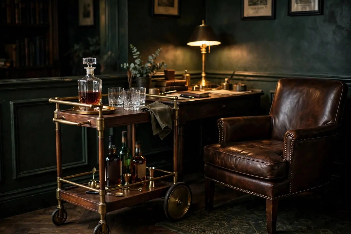 Wooden bar cart with decanters in dark home office corner