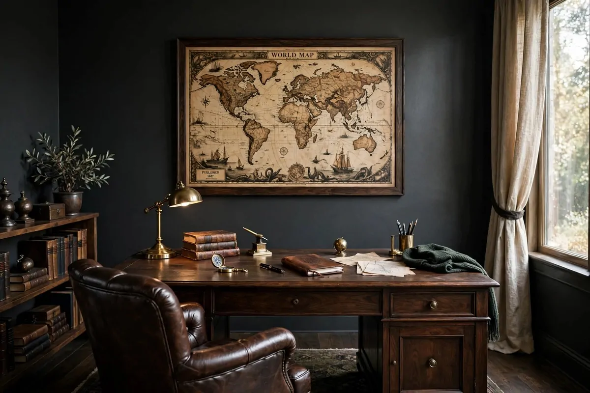 Large framed vintage world map above desk in mens office