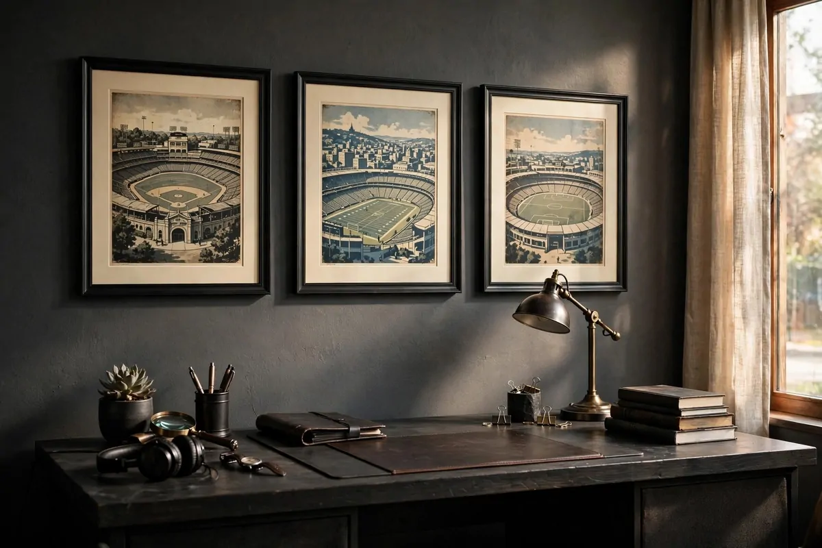 Framed vintage sports prints on wall of mens home office