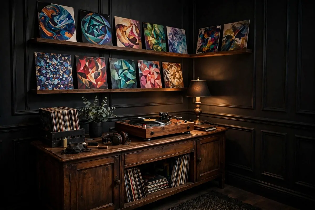 Vinyl record player corner with album display in mens home office