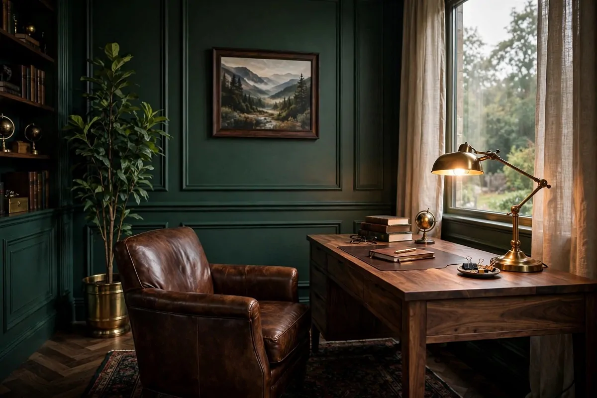 Forest green office walls with brass lamp and walnut desk