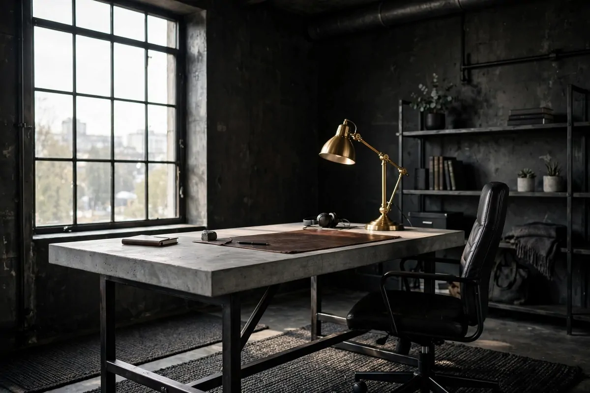 Concrete top desk on black metal legs in industrial mens office