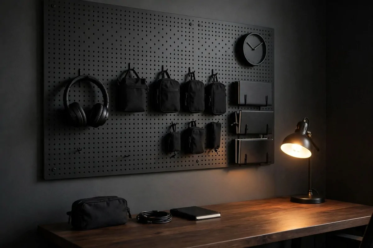 Matte black pegboard wall with organized tools in mens office