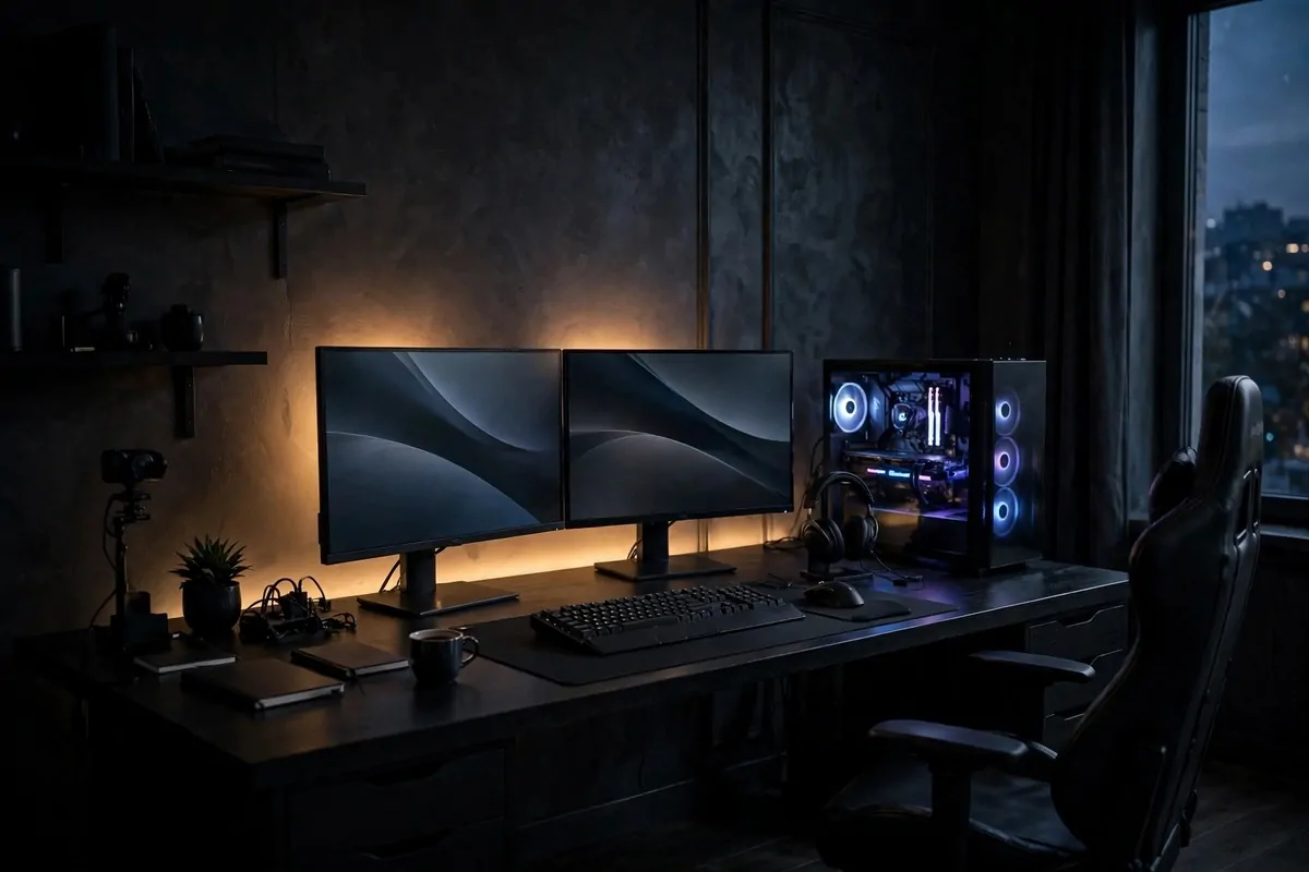 Dark home office gaming and work hybrid setup with monitors