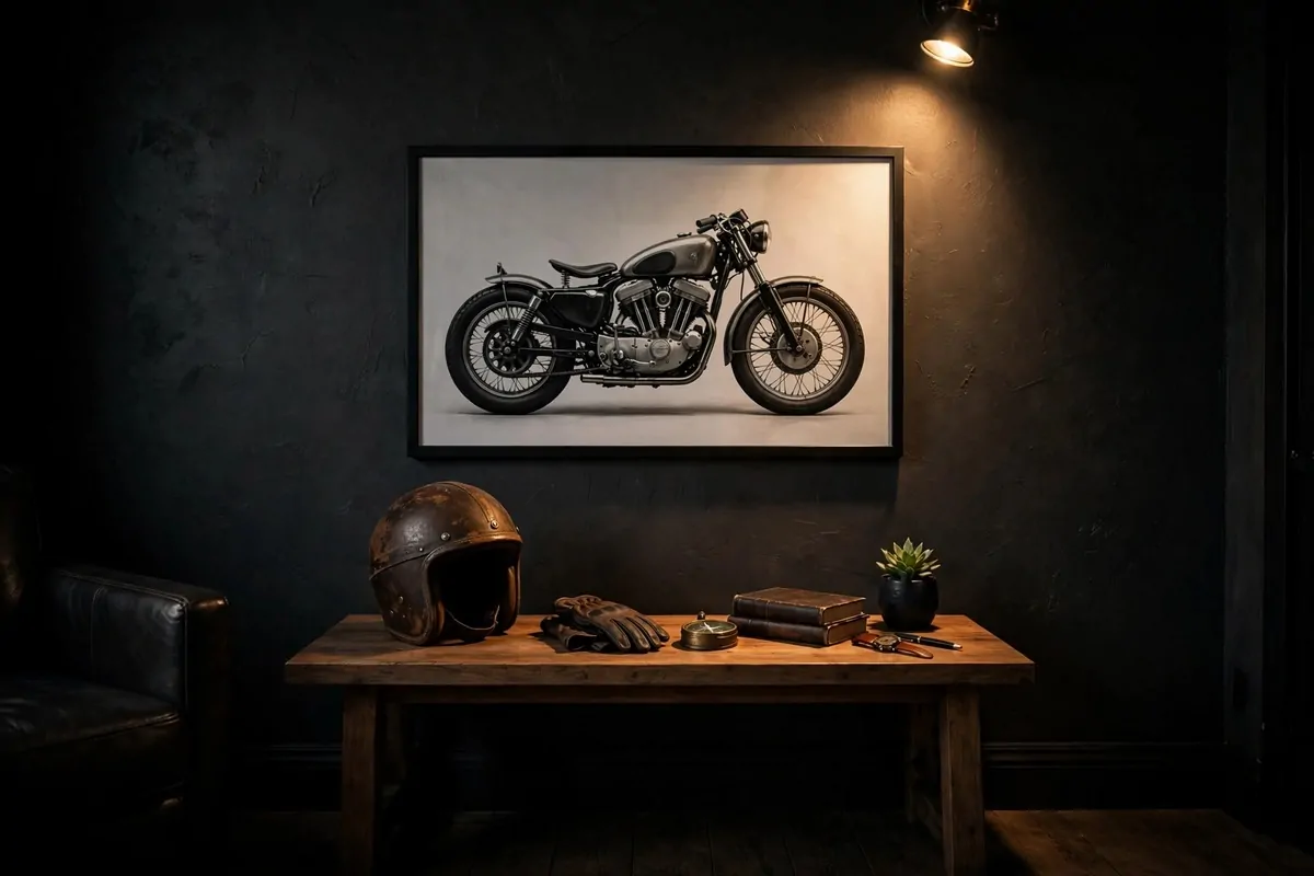 Framed motorcycle art print on dark wall in mens home office