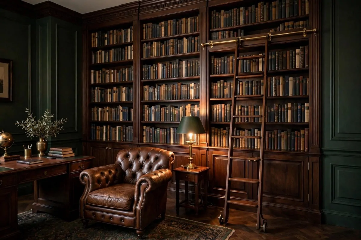 Floor to ceiling library wall with rolling ladder in mens office