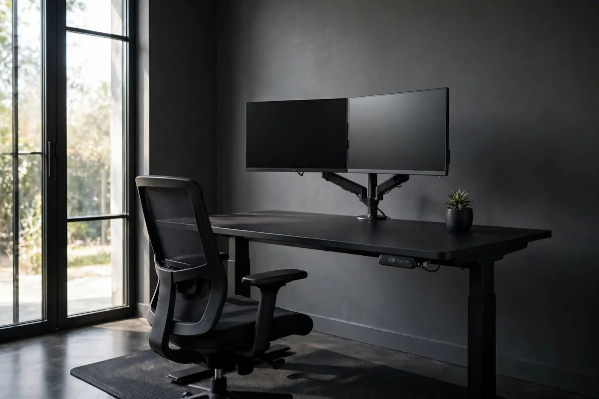 Matte black standing desk in dark modern mens home office