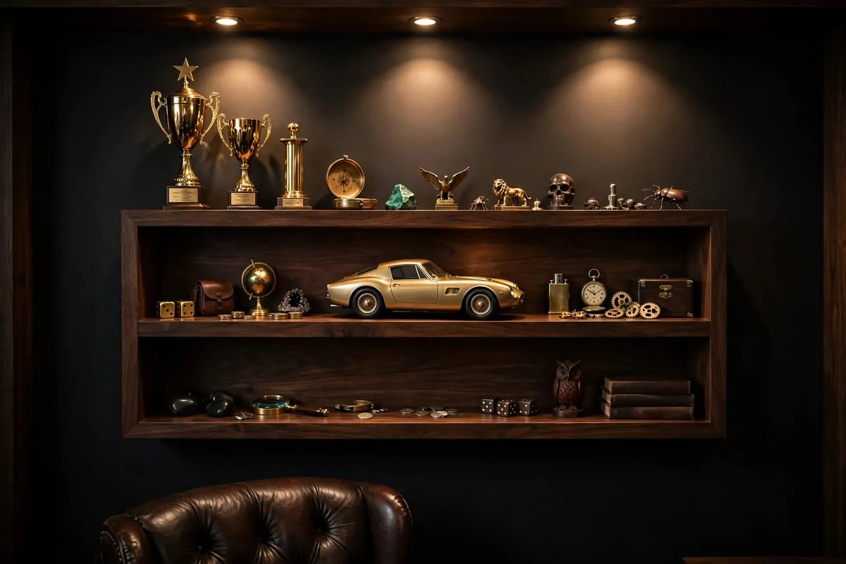 Dark wood display shelf with trophies and collectibles in mens office