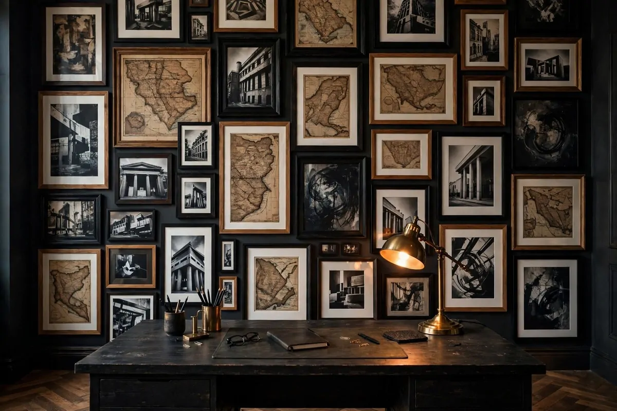 Masculine gallery wall of framed art above desk in home office
