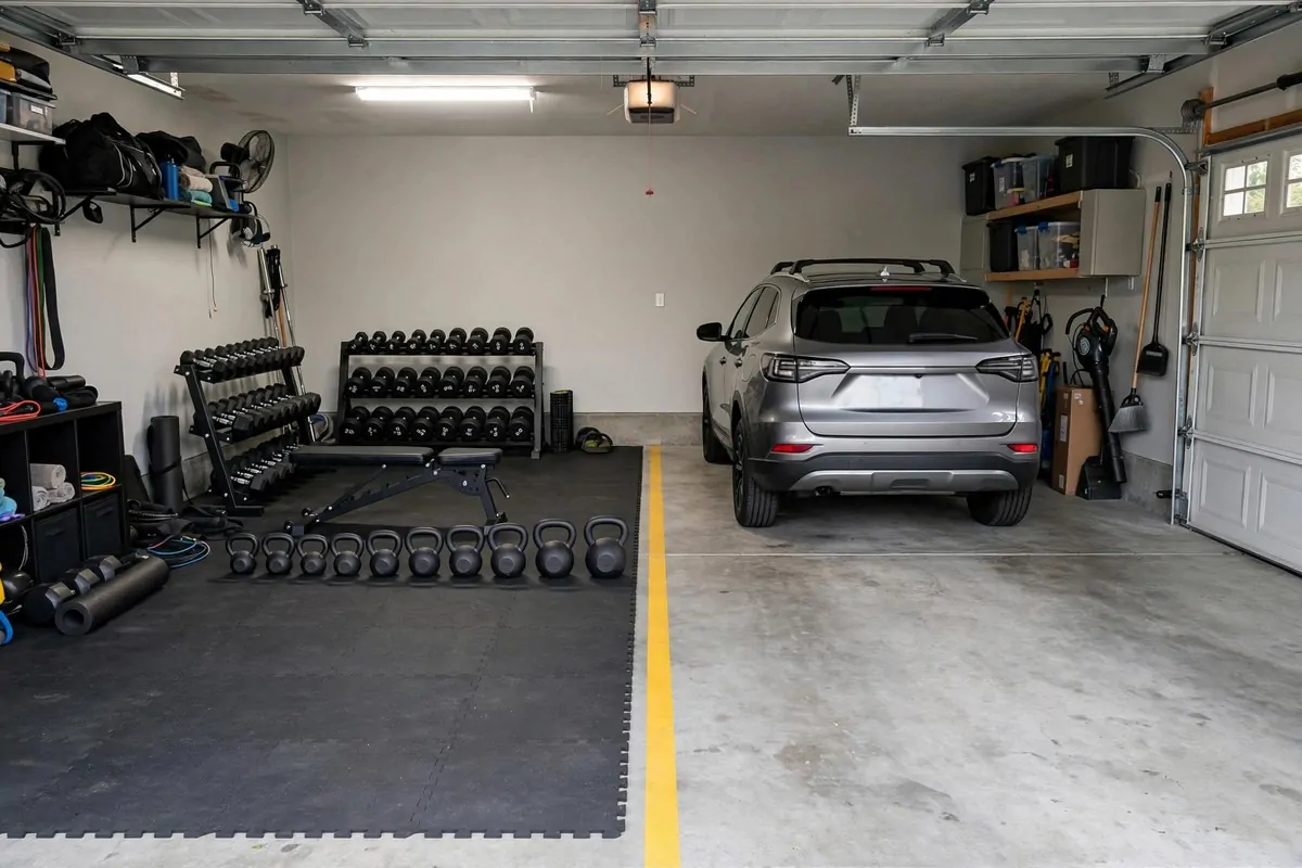 Half of a two-car garage set up as a gym with weights while the other half holds a parked car