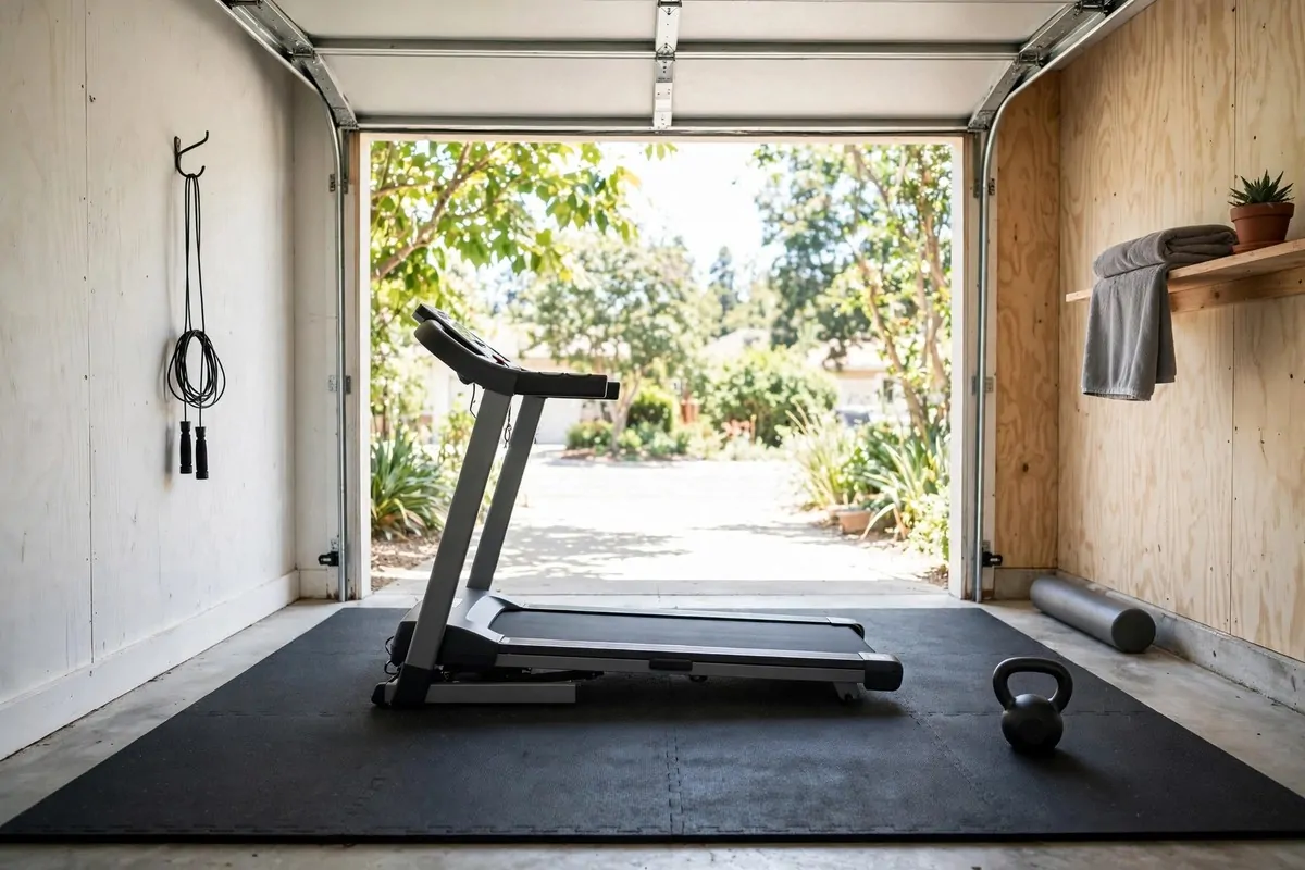 Foldable treadmill on a rubber mat near an open garage door with daylight streaming in