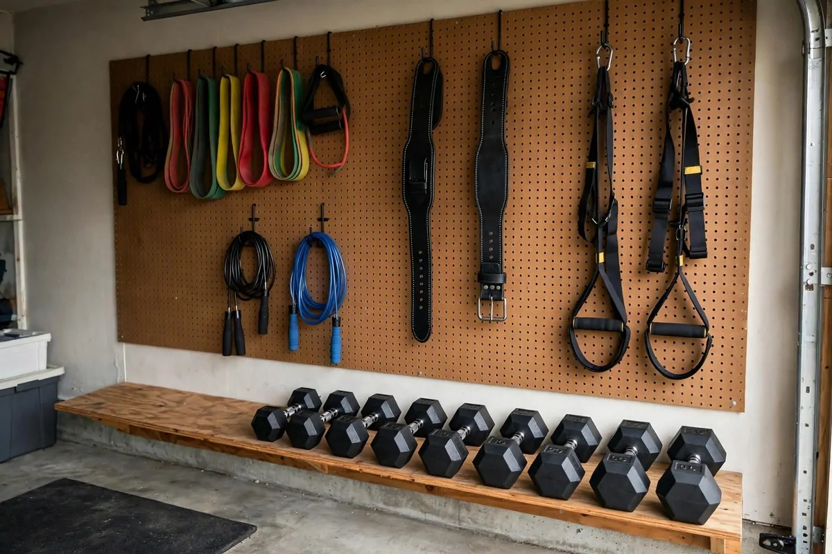 Pegboard wall in a garage gym holding resistance bands, jump ropes and lifting belts on hooks