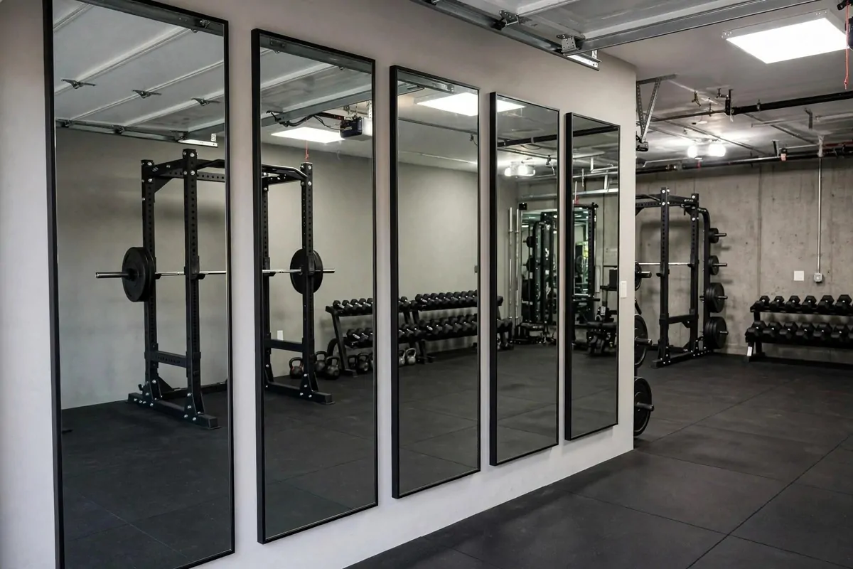 Tall mirrors mounted on a garage gym wall reflecting a power rack and dumbbell rack