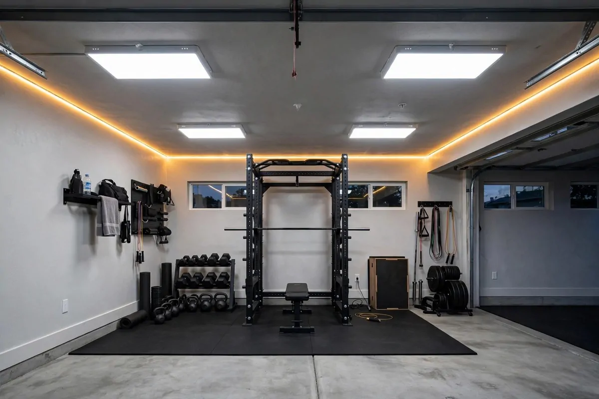 Garage gym glowing with bright LED ceiling panels and warm LED strip lights along the walls