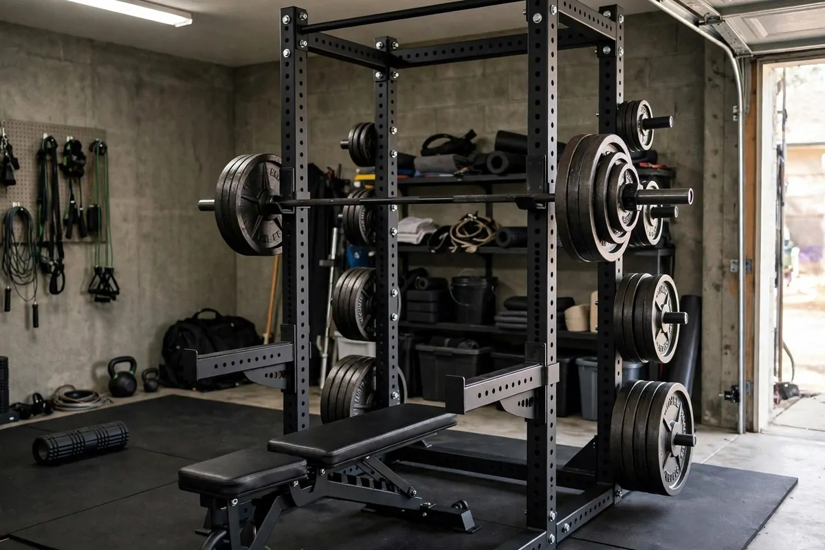 Black steel power rack holding a loaded barbell with an adjustable bench in a garage gym