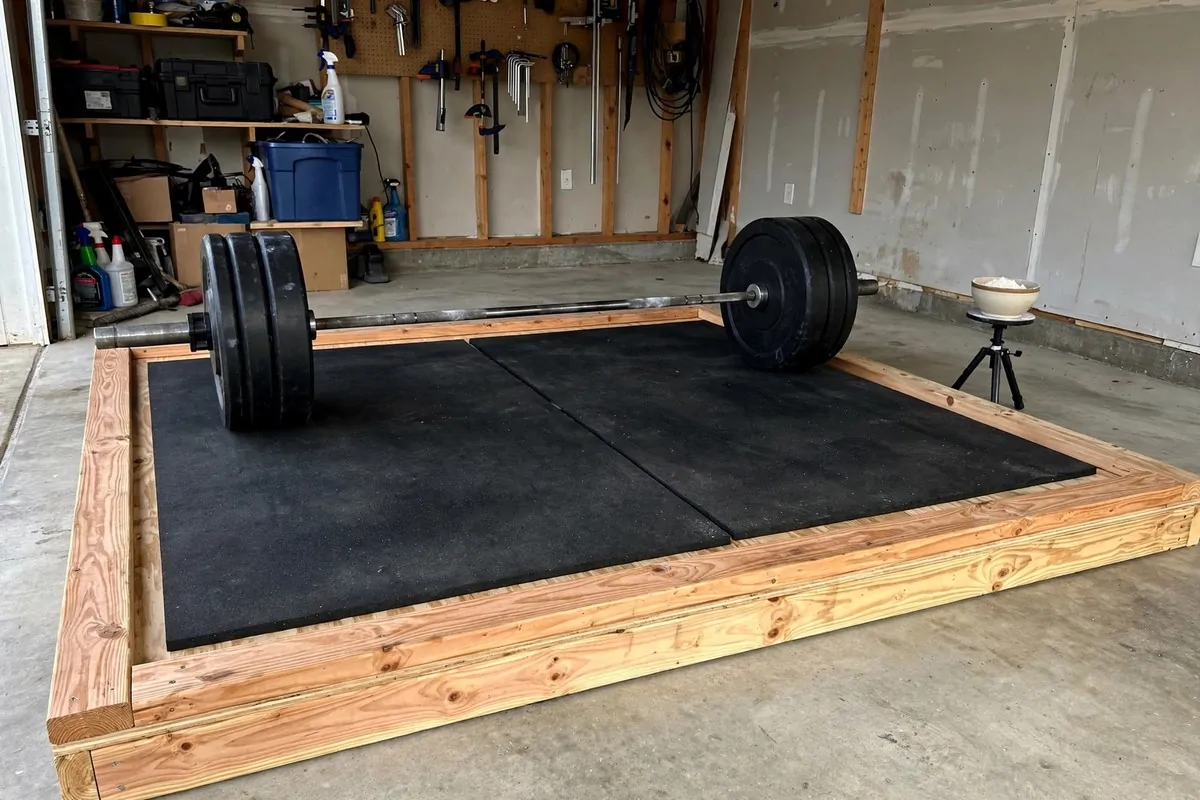 Wooden deadlift platform with rubber mats and a barbell with bumper plates in a garage