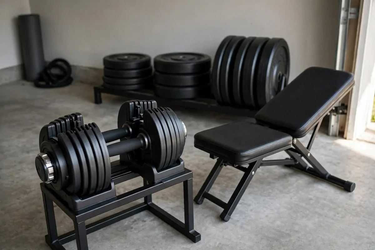 Pair of adjustable dumbbells on a small stand beside a folding bench in a garage gym