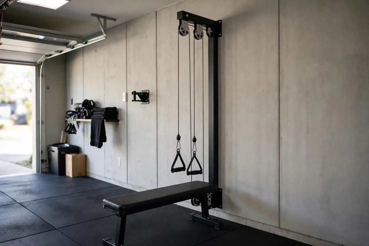 Slim wall-mounted cable pulley system with a bench in front in a garage gym