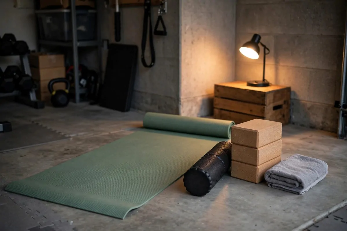 Calm garage gym corner with a yoga mat, foam roller and yoga blocks under warm light