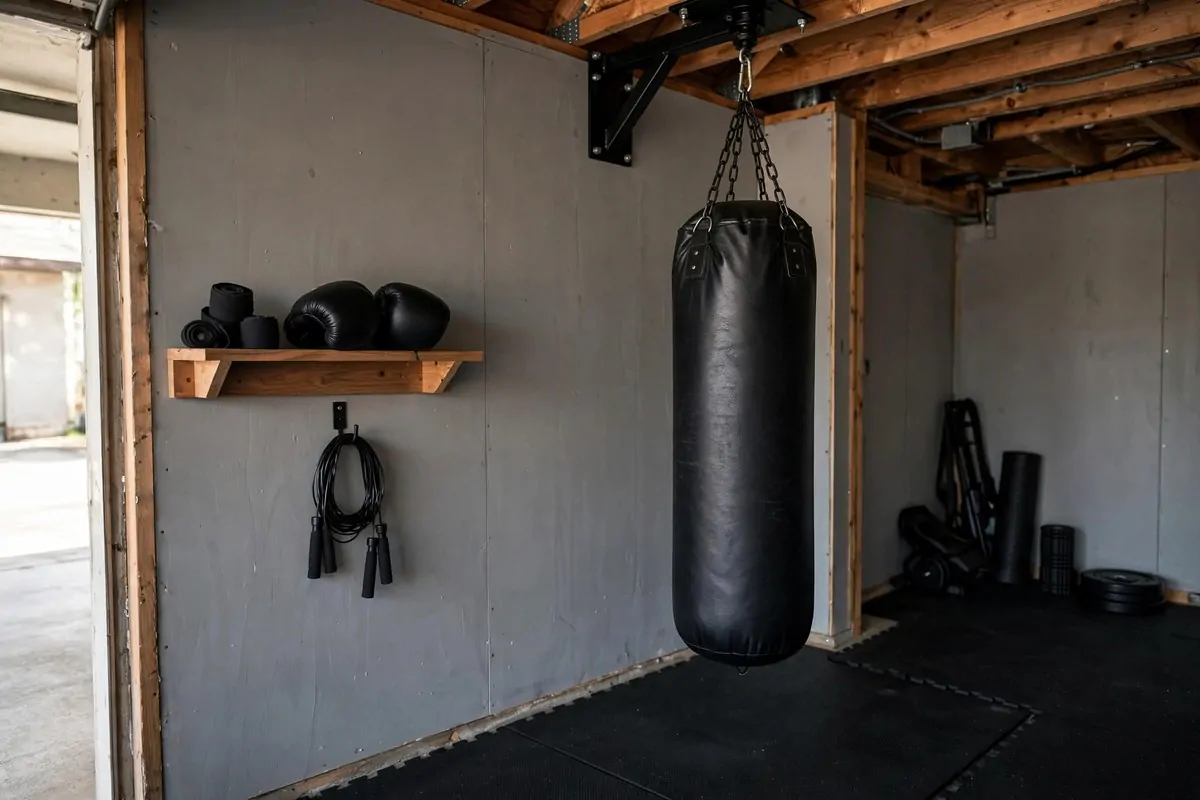 Garage boxing corner with a hanging heavy bag, gloves and a speed rope on a hook