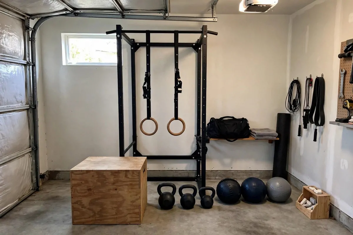 Compact functional fitness rig with pull-up bar, rings, plyo box and kettlebells in a garage
