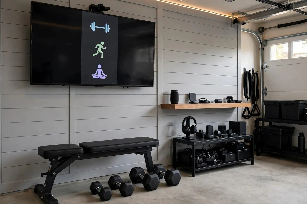 Flat-screen TV mounted on a garage gym wall above a bench and dumbbells