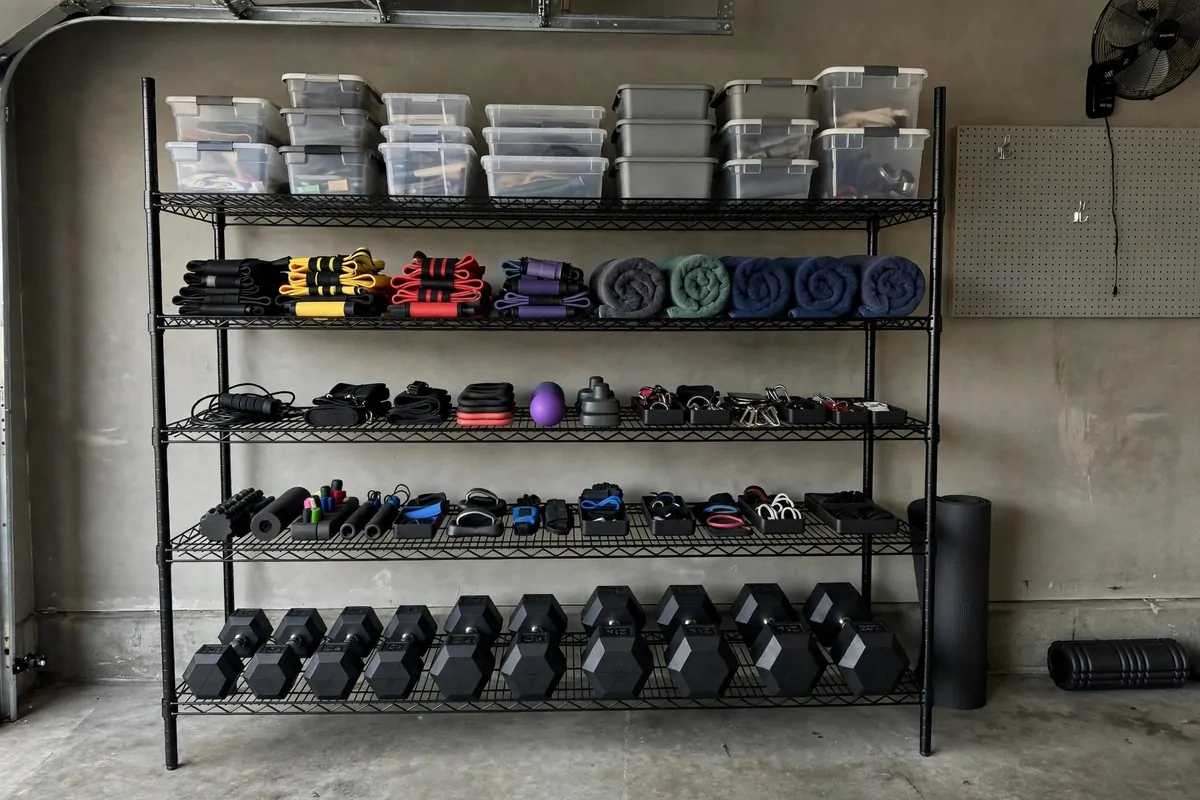Industrial metal shelving with labelled bins and gym accessories in a garage gym