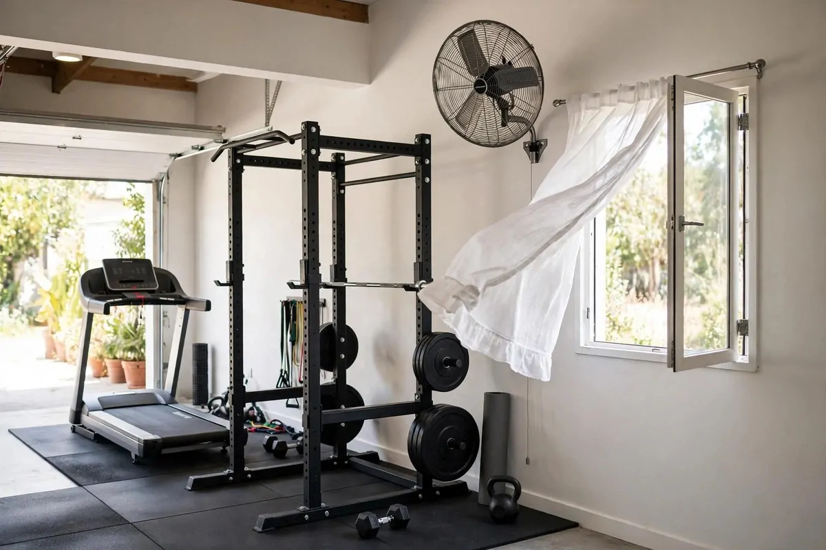 Bright garage gym with a wall-mounted fan, open window, treadmill and power rack