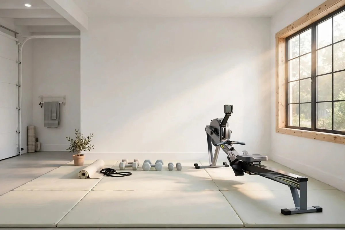 White-walled garage gym with a rowing machine and dumbbells in morning daylight
