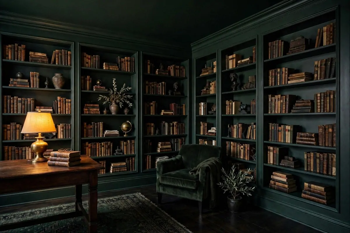 19 Moody Library Inspiration Looks With Dark Academia Vibes 1 Moody library room with walls, trim and ceiling all painted deep charcoal green, dark shelves blending in