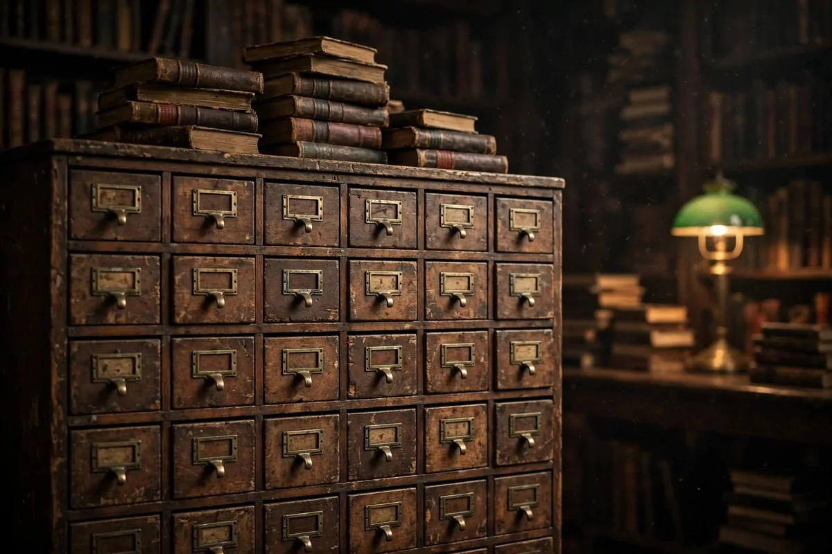 19 Moody Library Inspiration Looks With Dark Academia Vibes 3 Horizontal stacks of old hardcover books styled on a dark wooden table in a moody library